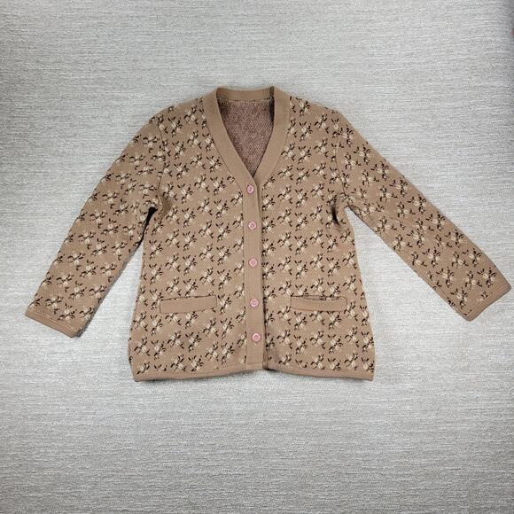 Vintage Floral Thick Knit Cardigan Womens L Mauve Tan Button Front Sweater - Picture 1 of 16